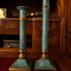 Exceptional pair of large candlesticks in patinated greenish-blue brass.