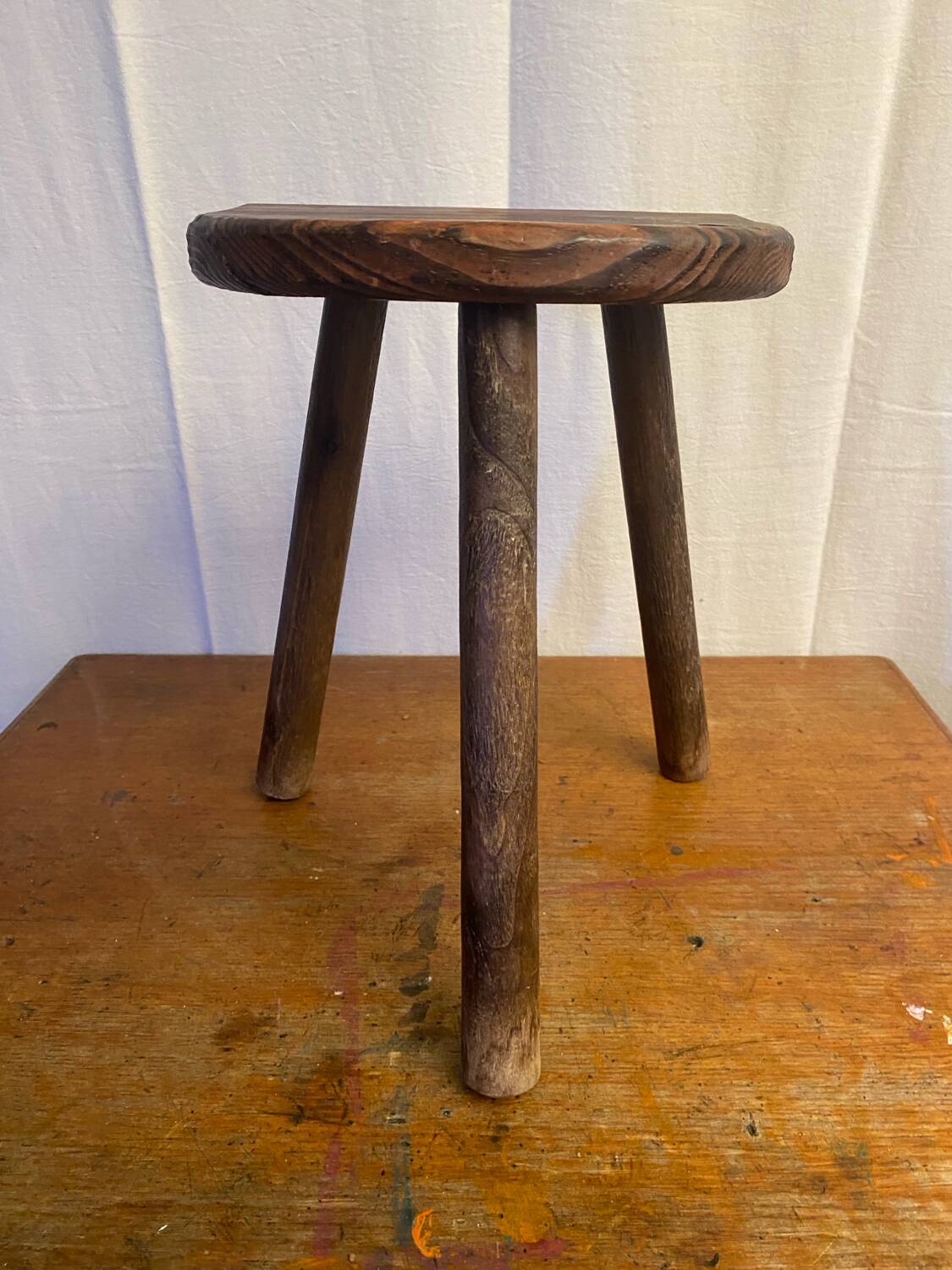 Antique milking stool tripod wood half moon seat vintage