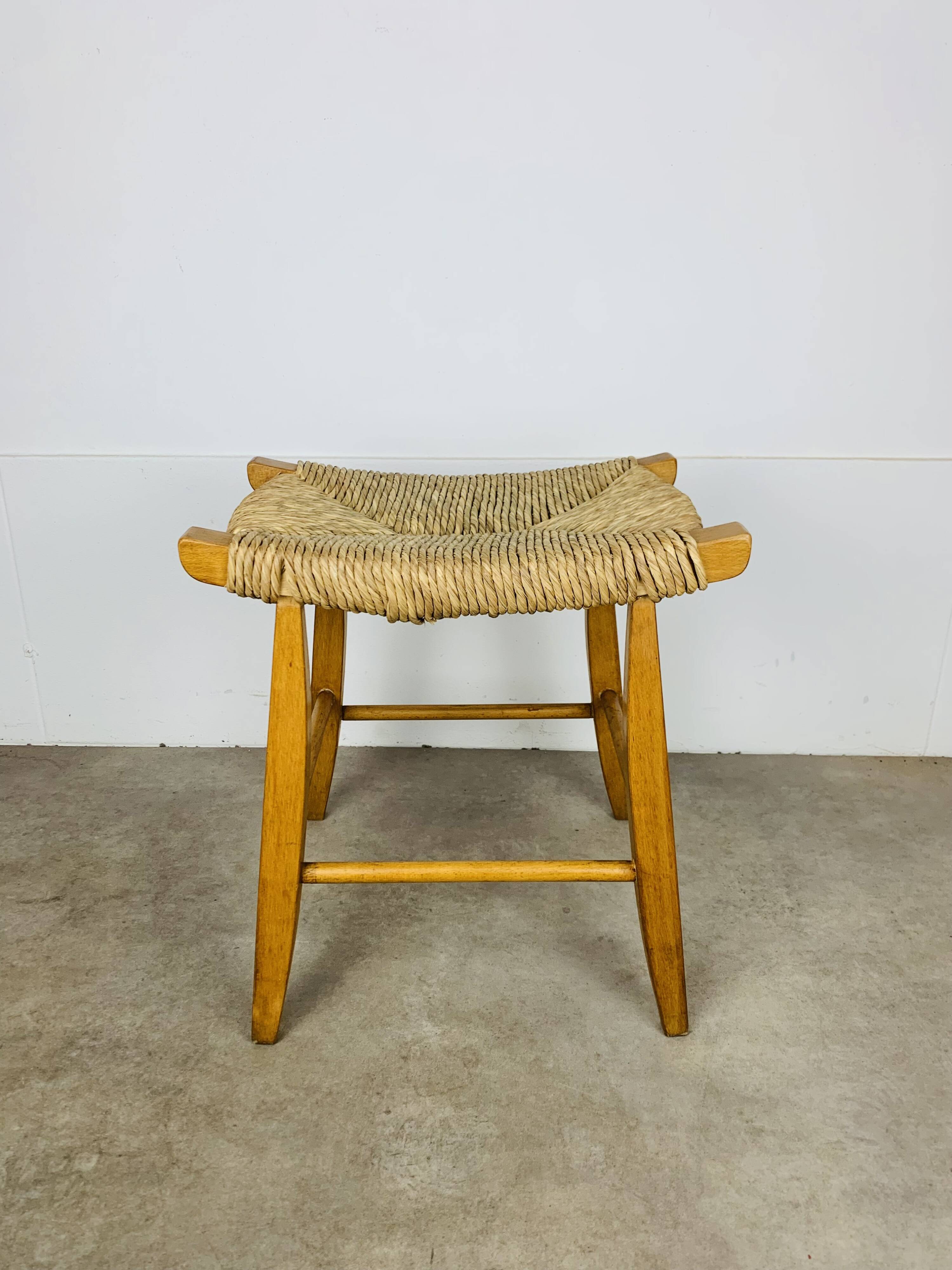 Bull stool straw and wood, Swiss design, 1950s