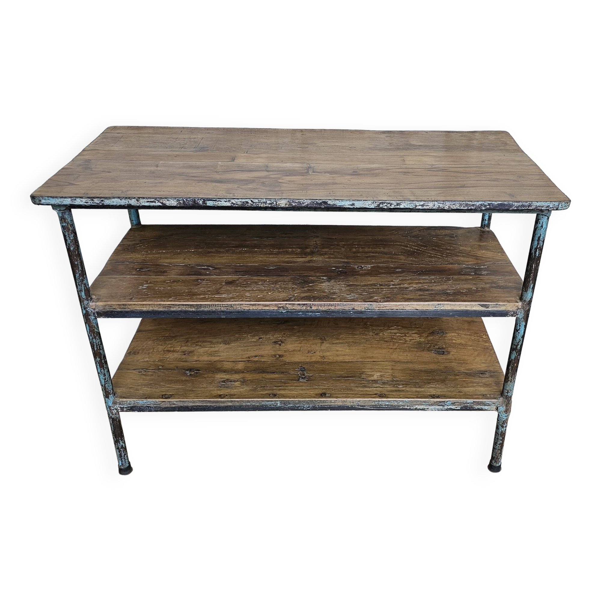 Old workshop console in teak and wrought iron