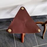 Set of teak and leather tripod stools
