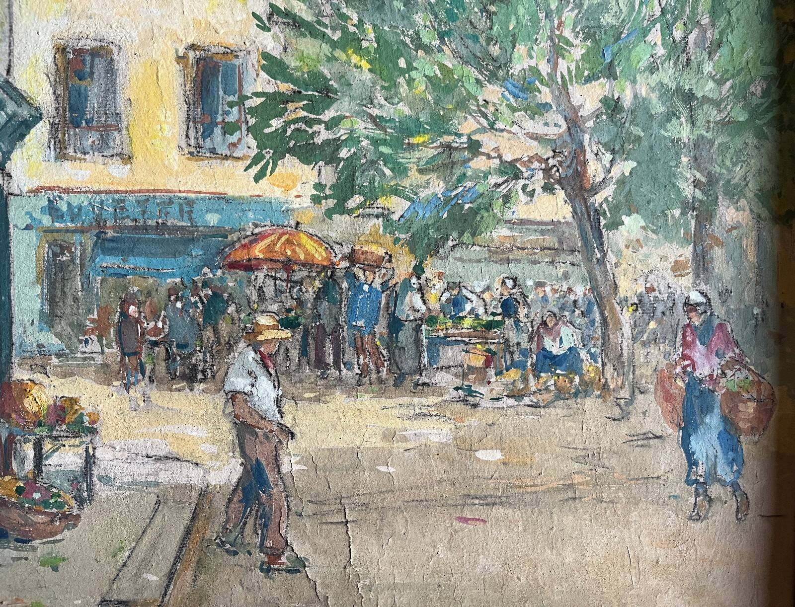 Sunny terrace table on market day signed (Ch. Blondel?)