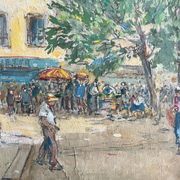 Sunny terrace table on market day signed (Ch. Blondel?)