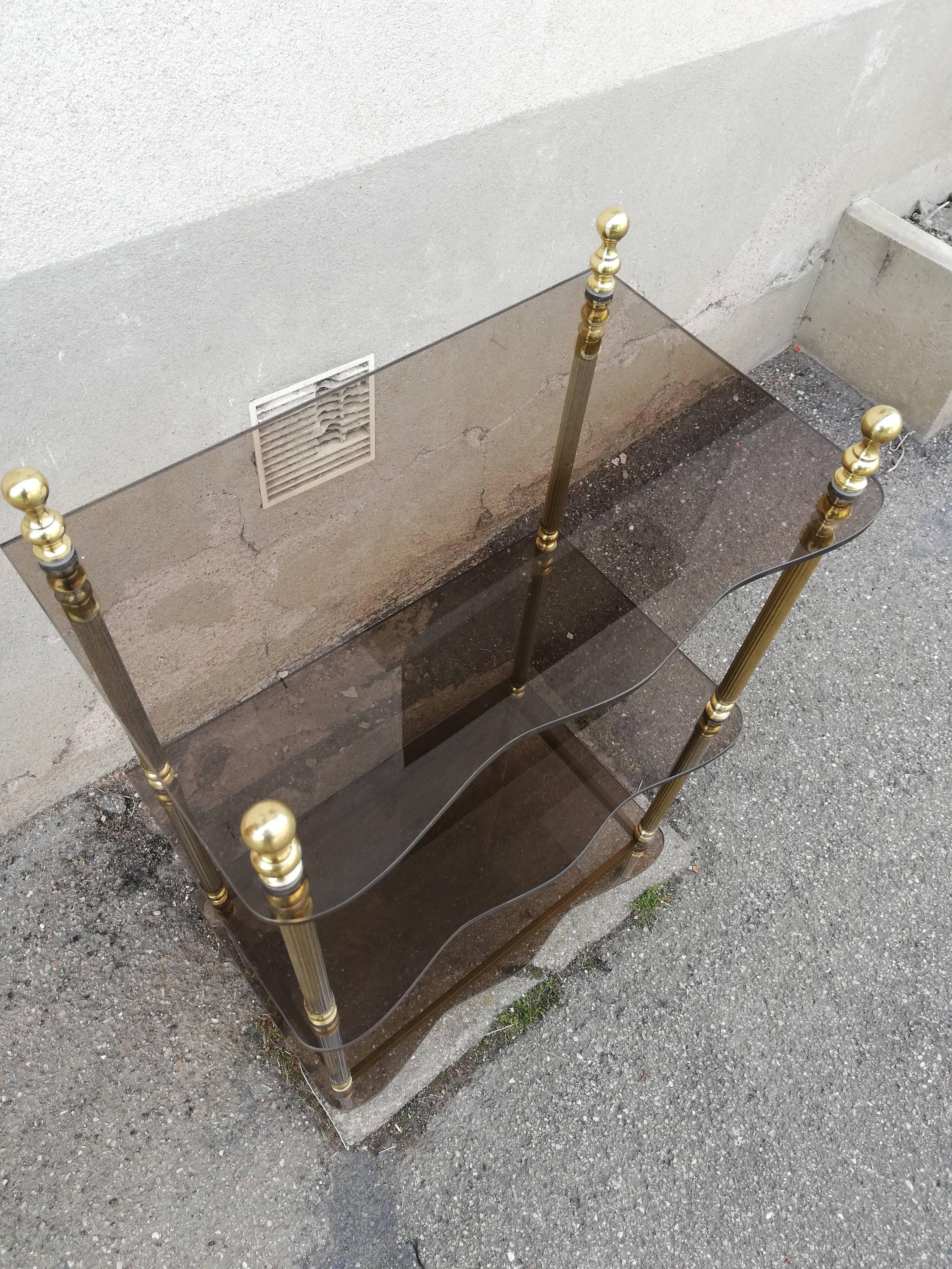 Shelf vintage brass 3 trays smoked glass