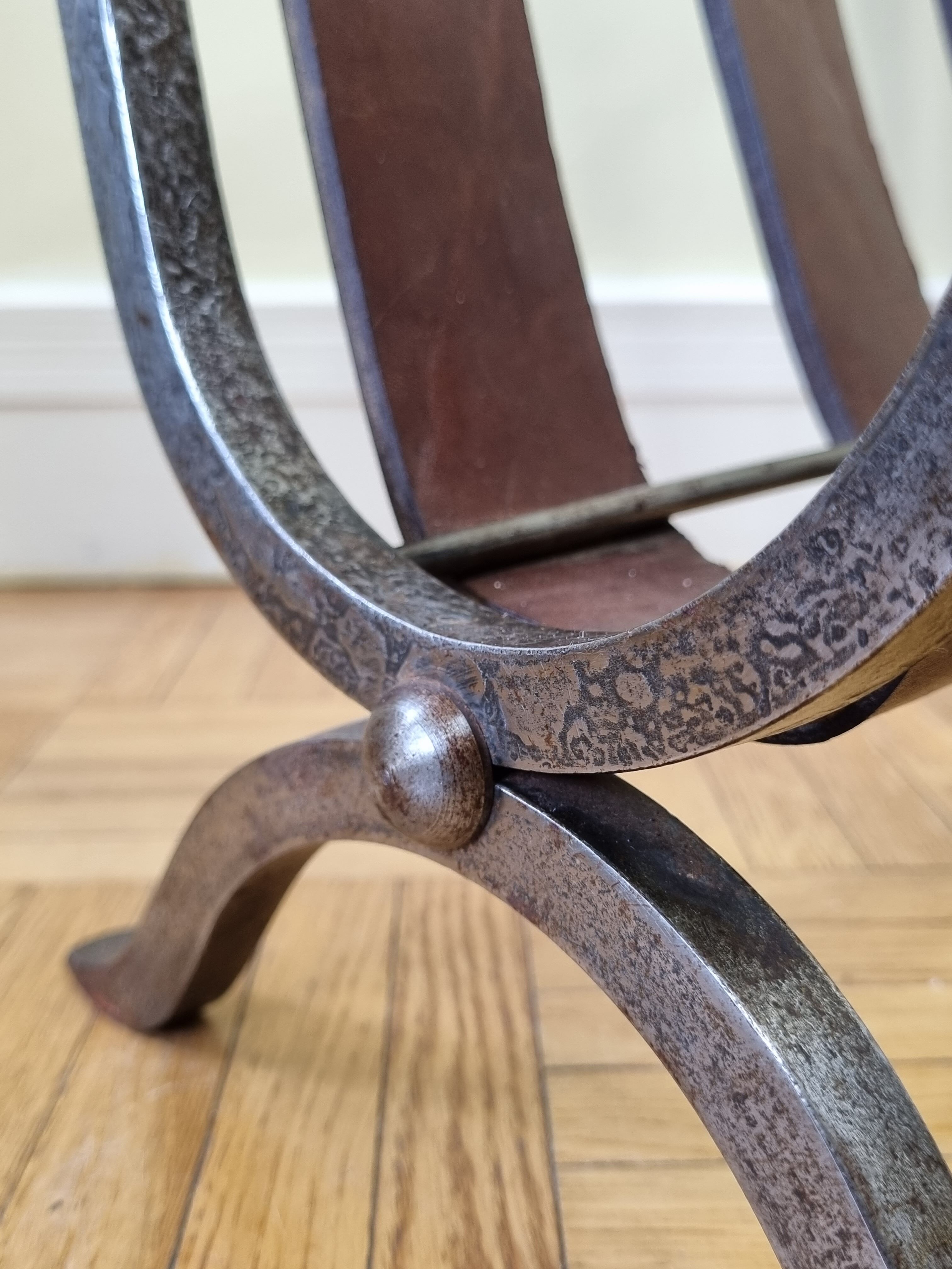 Magazine door in leather and forged metal, brutalist, 50s