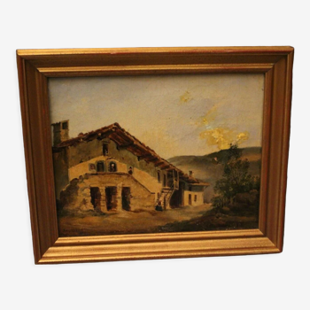 Tableau signé daté 1850 huile sur toile aux maisons de village toscan Toscane