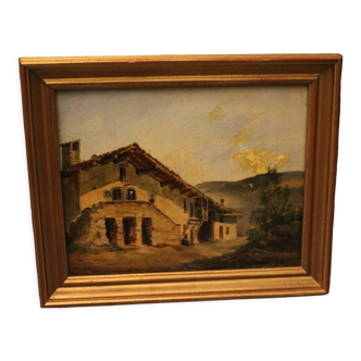 Signed painting dated 1850 oil on canvas with Tuscan village houses Tuscany