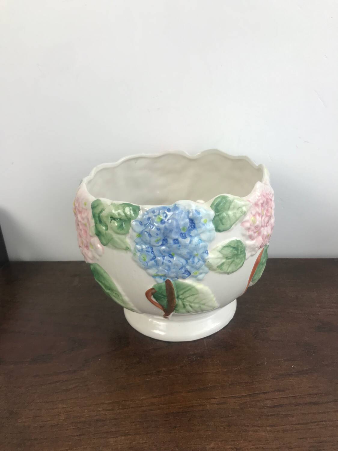 Vintage slip pot with hydrangea pattern