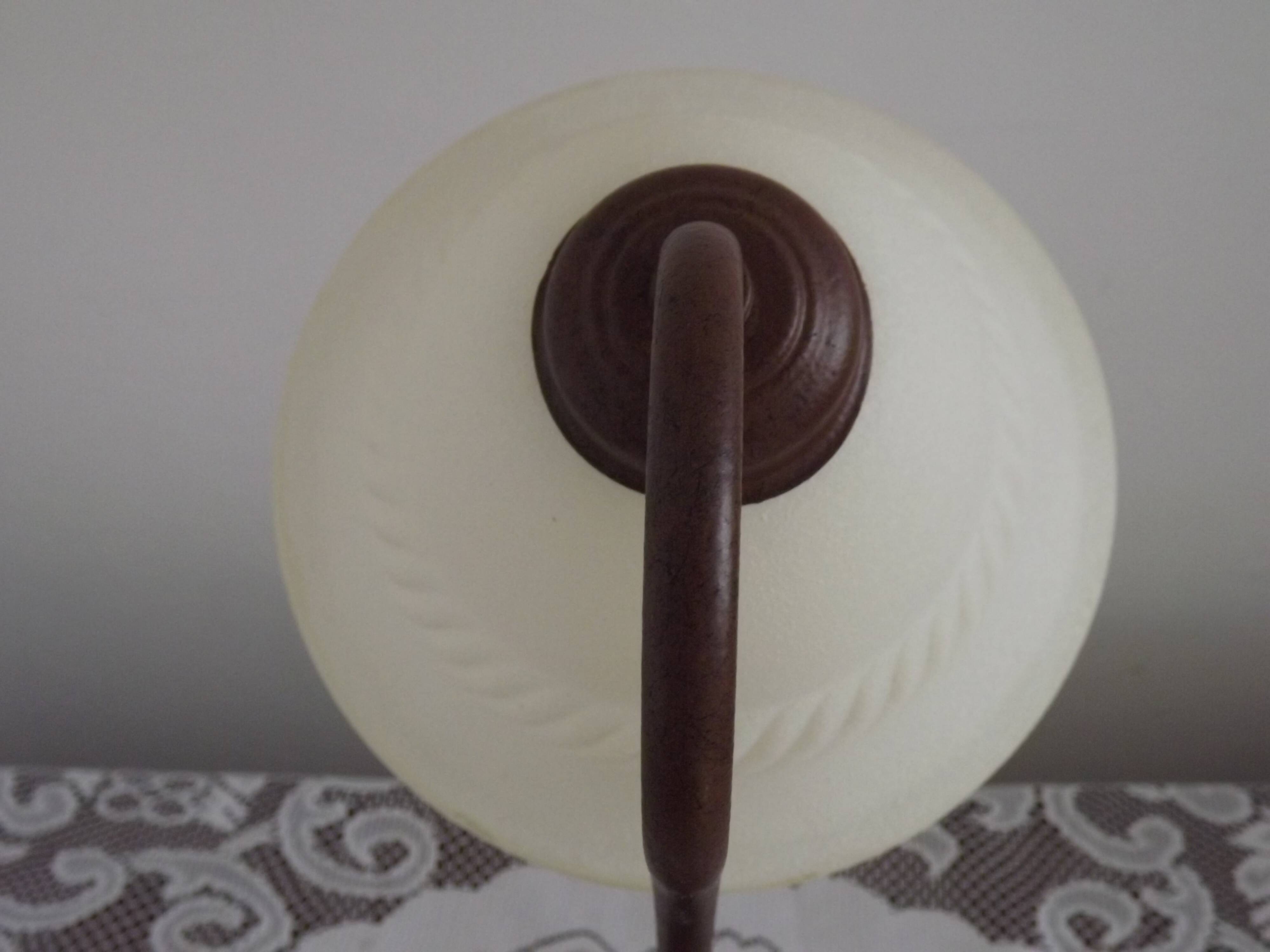 Vintage French Brown Metal Goose Neck Lamp With Textured Glass Shade