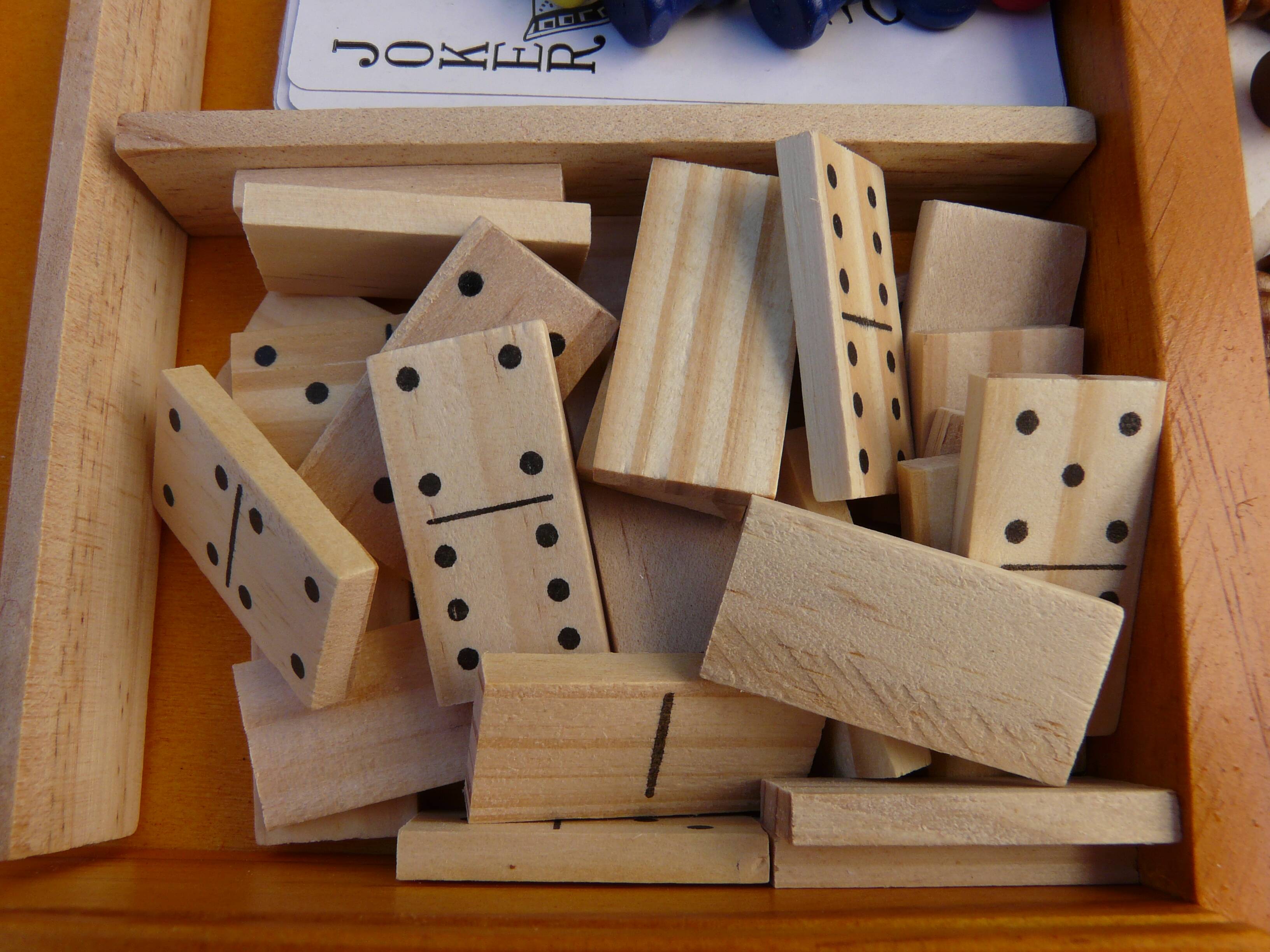 wooden games box: chess - little horses - dominoes - cards