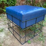 Square stool in black lacquered steel wire and blue leatherette circa 1970