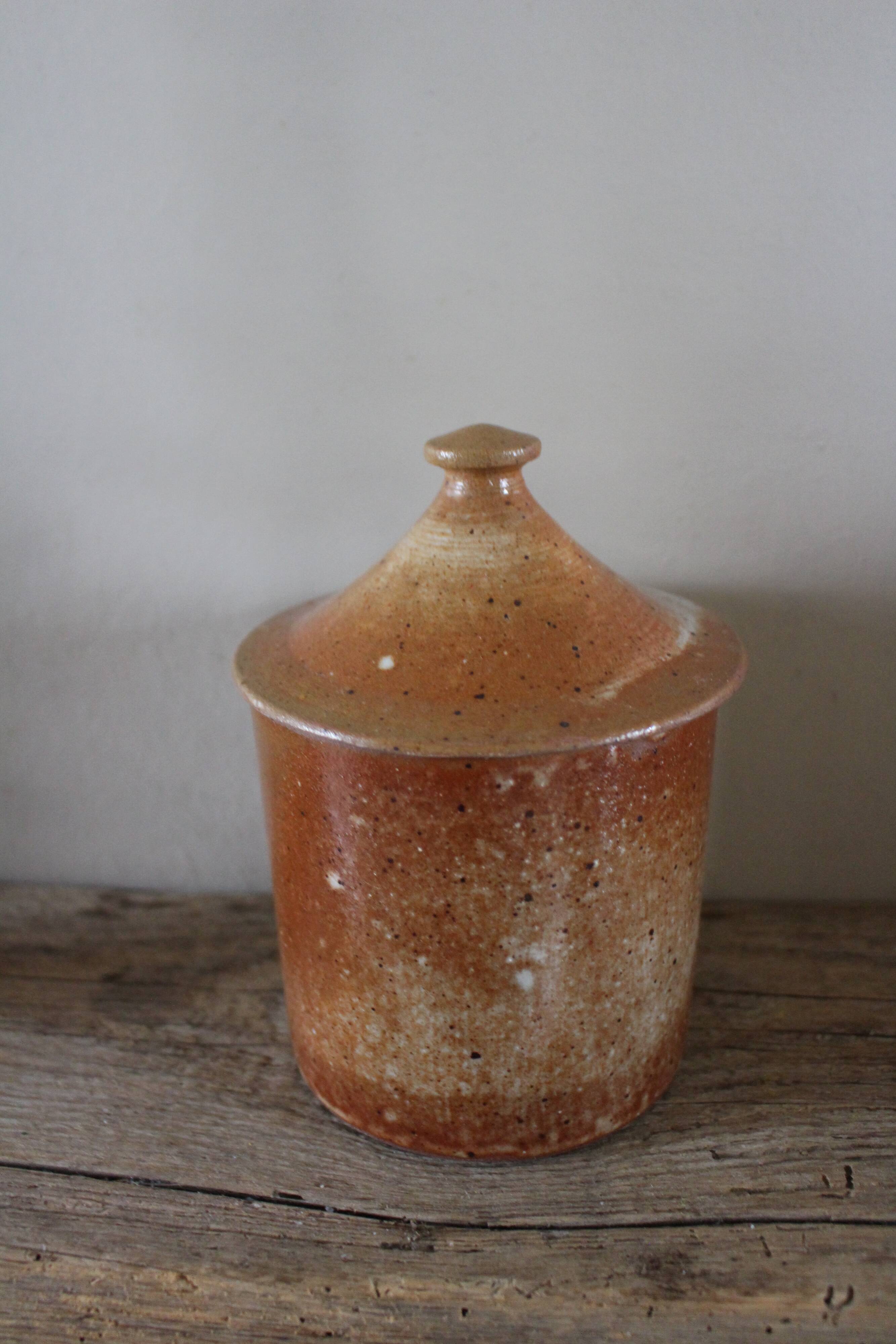 Vintage stoneware vase pot with lid