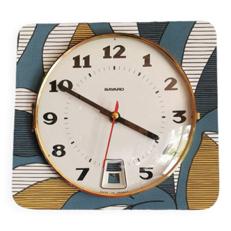Vintage silent wall pendulum clock 70s "Bayard striped blue white ocher"