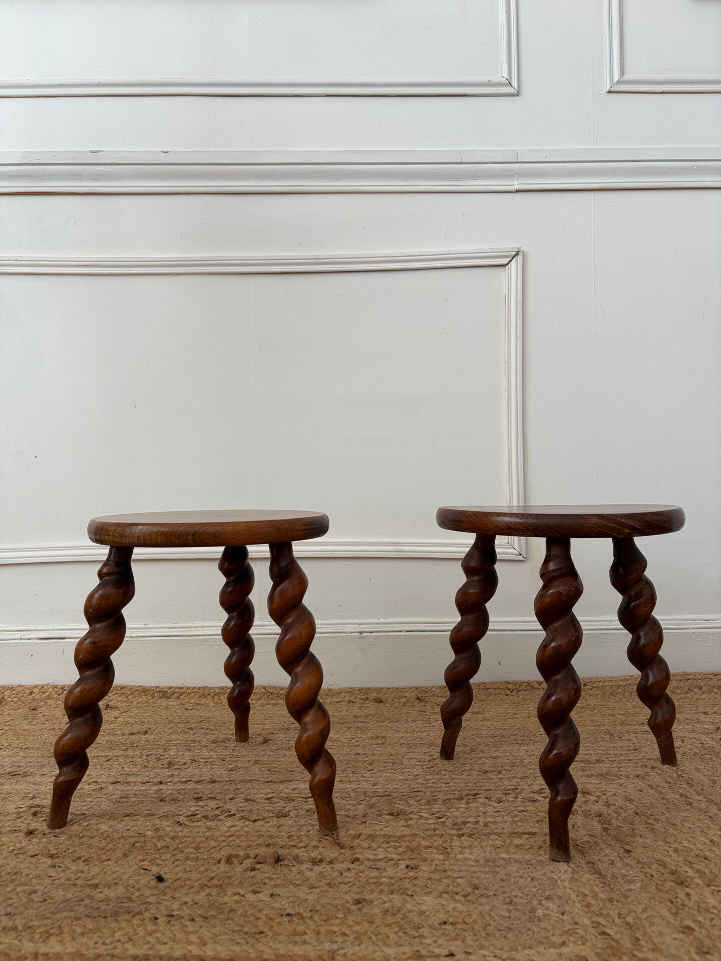Pair of twisted wooden tripod stools