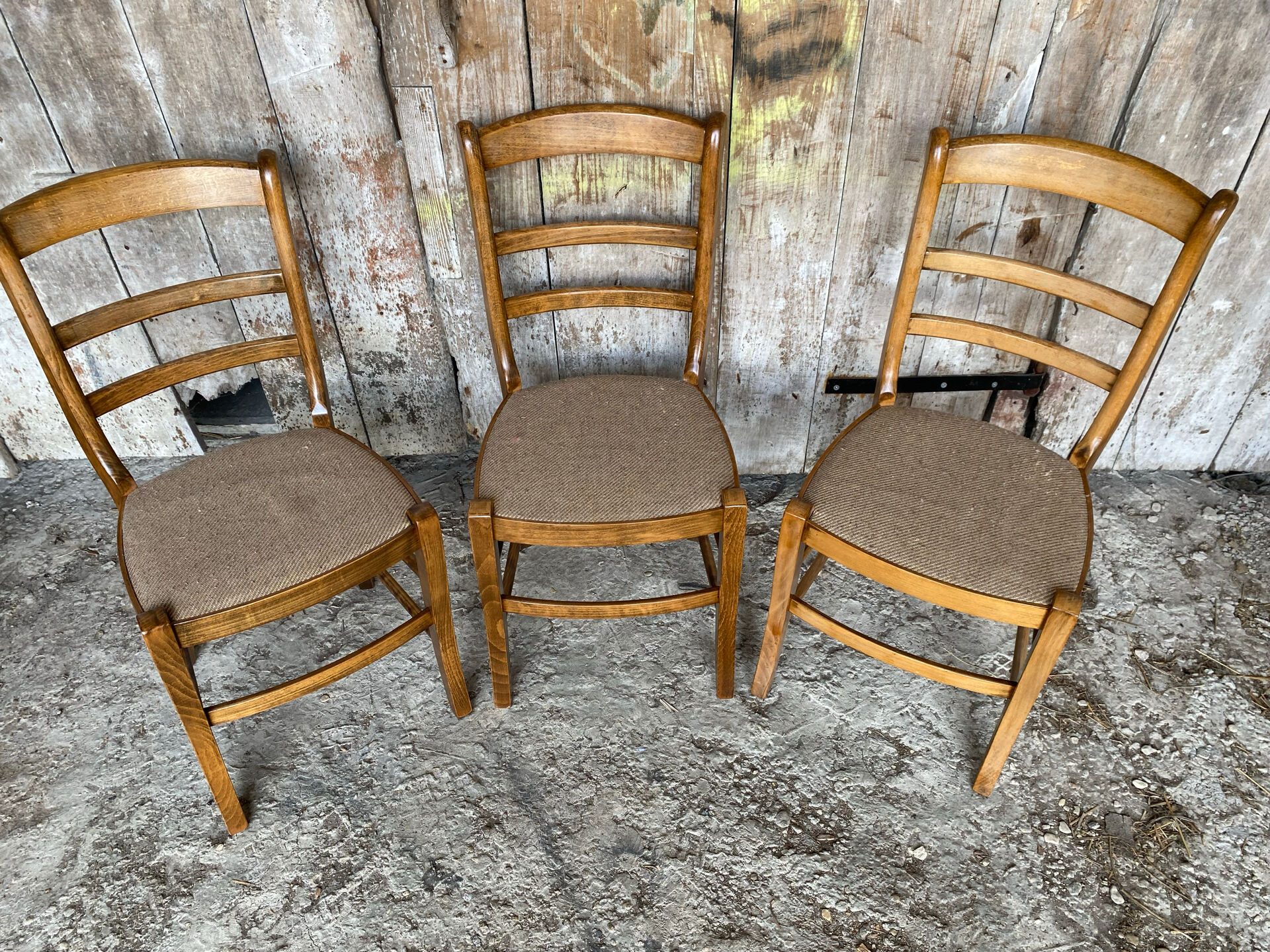 Set of 3 Antique BAUMANN Chairs Wood + Vintage Fabric Cushion Seat
