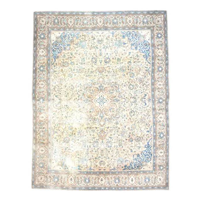 1970s Vintage Persian Handmade Wool Cotton Beige Area Rug 292x396