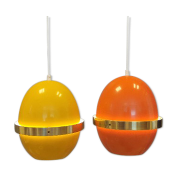 EXTREMELY rare LYFA Space Age lamps in thin lacquered metal with brass colored "ring" around.