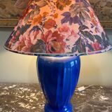 Large blue ceramic lamp with floral shade