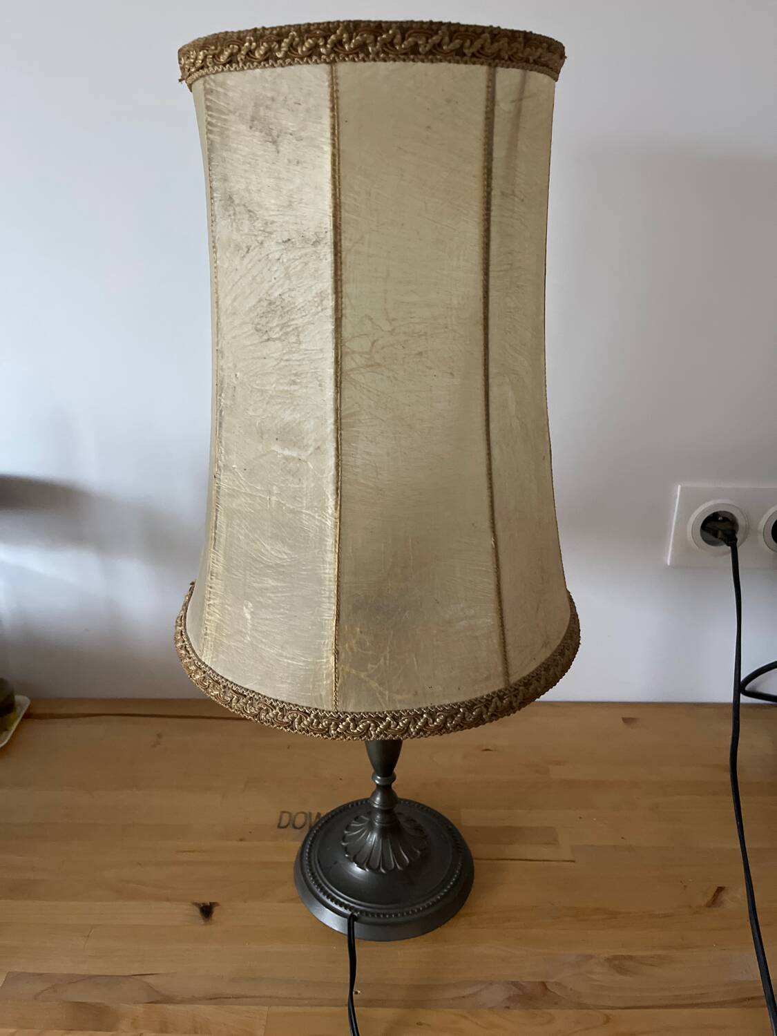Vintage table lamp, front light, rice paper, pewter base, signed