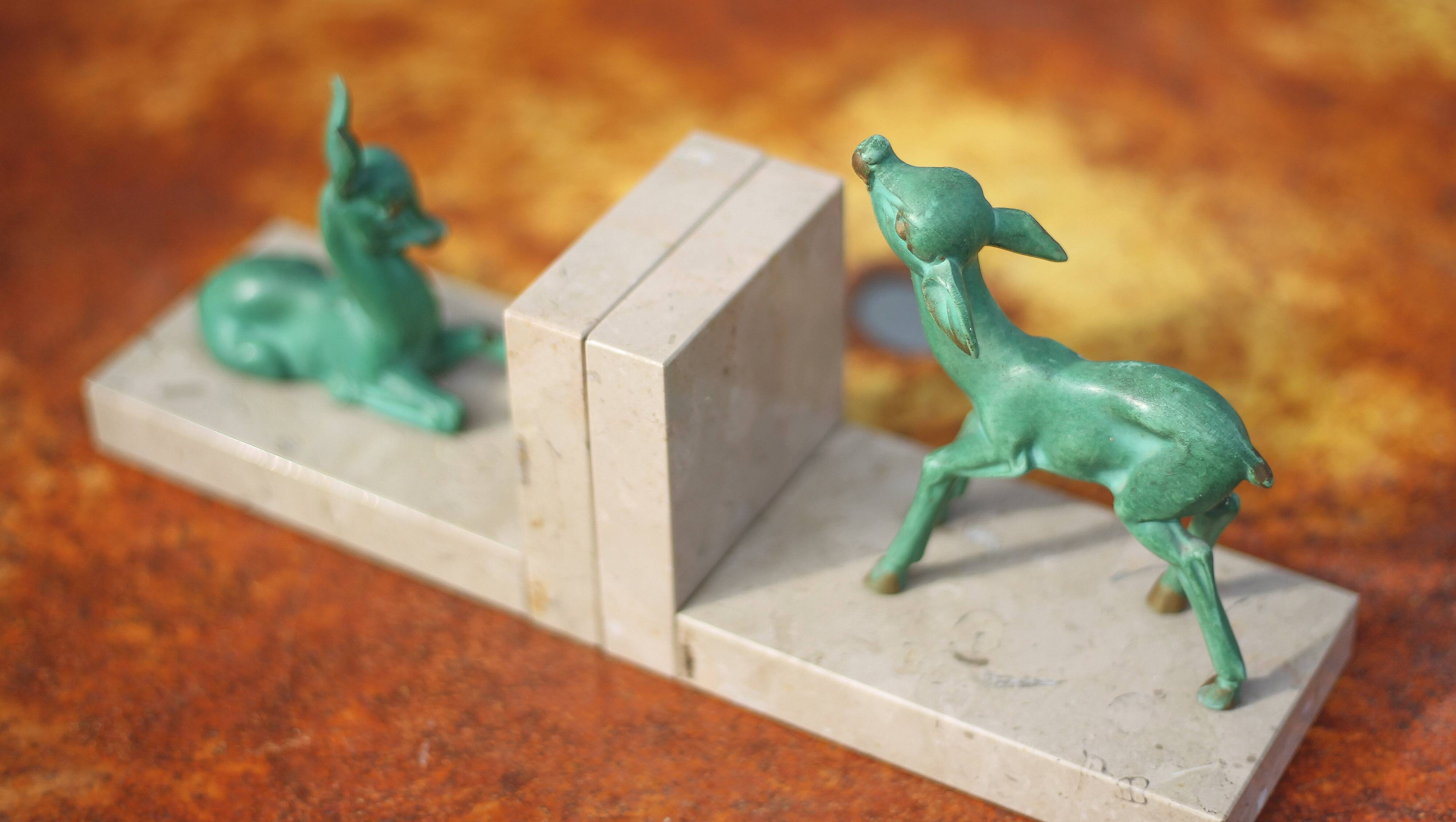 Marble and green patina metal bookends, vintage style bookends, animals, paperweight