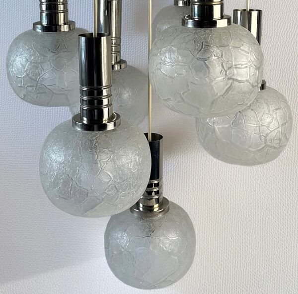 Suspension vintage Doria Leuchten avec 7 globes en verre craquelé