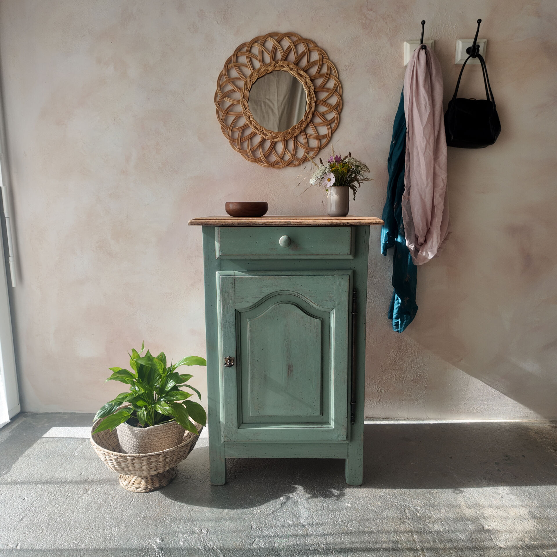 Small vintage side table in sage green patina and solid wood.