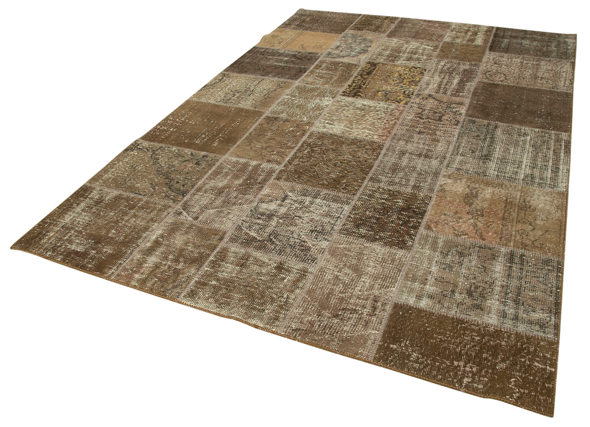 Hand-knotted turkish vintage 198 cm x 300 cm brown patchwork carpet