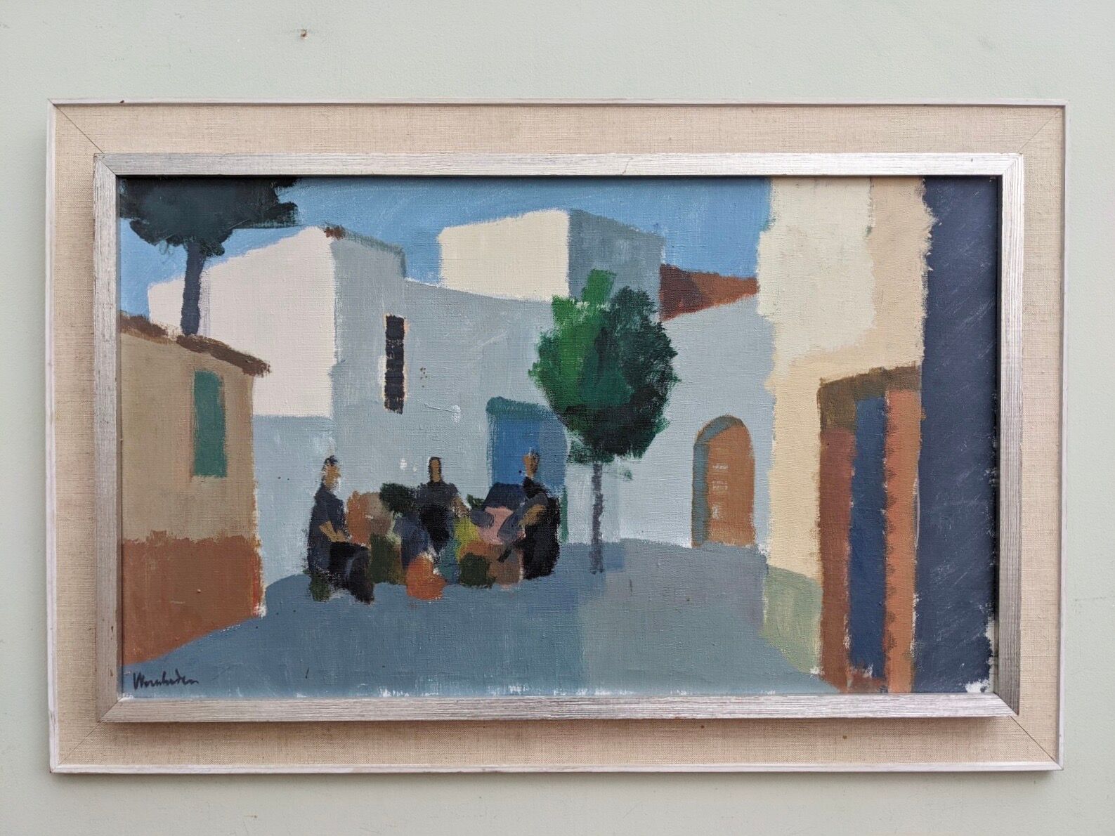 Mid-Century Modern "Charming Town" Vintage Swedish Street Scene Oil Painting, Framed