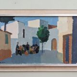 Mid-Century Modern "Charming Town" Vintage Swedish Street Scene Oil Painting, Framed
