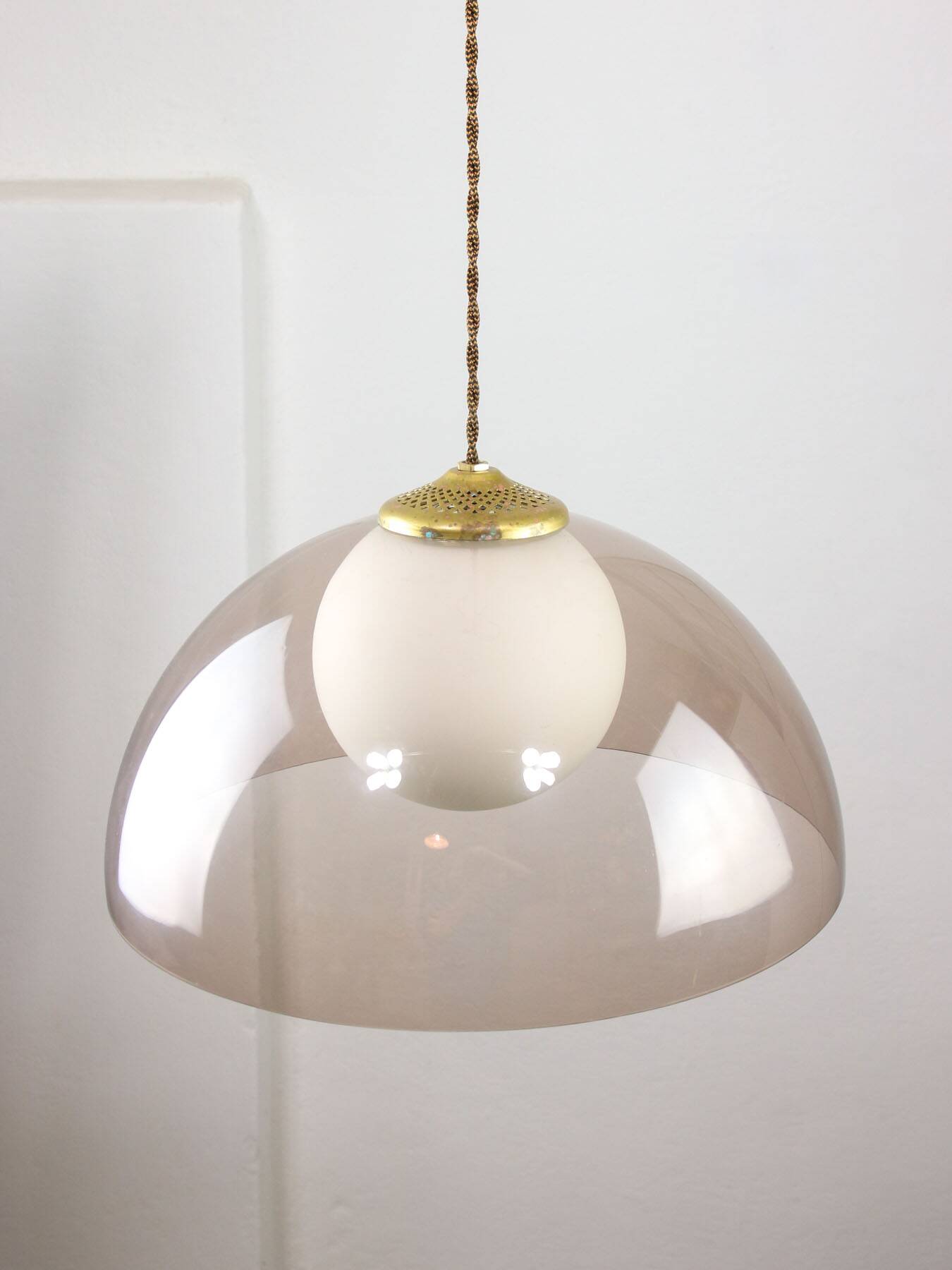 Space-age italian brass, opaline and plexiglass pendant lamp