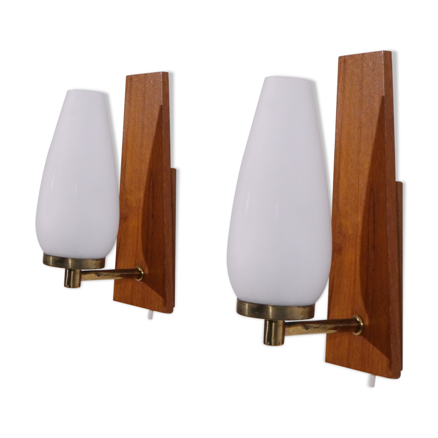 Pair of scandinavian vintage wall light teak and opaline