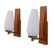 Pair of scandinavian vintage wall light teak and opaline
