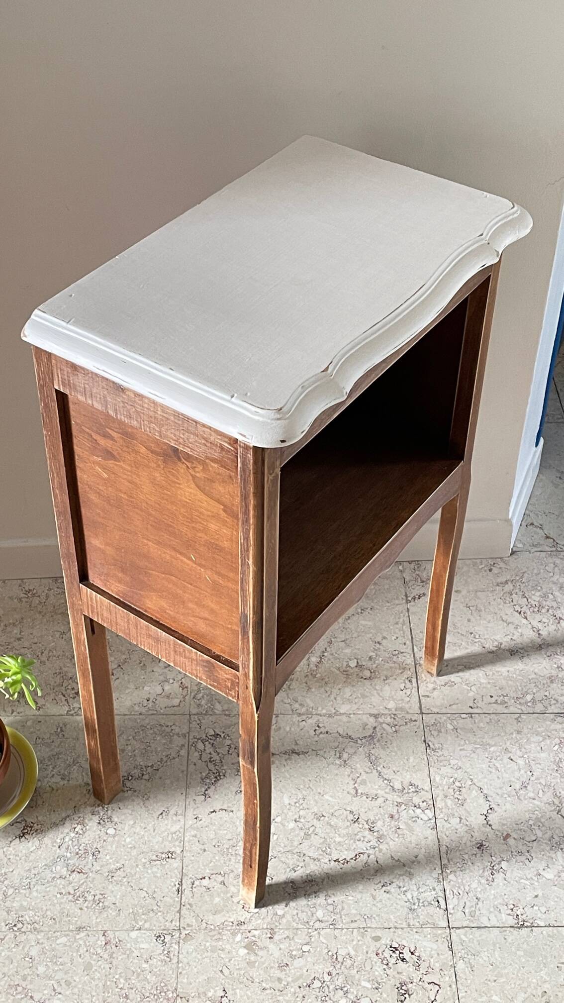 Vintage wood and white bedside table