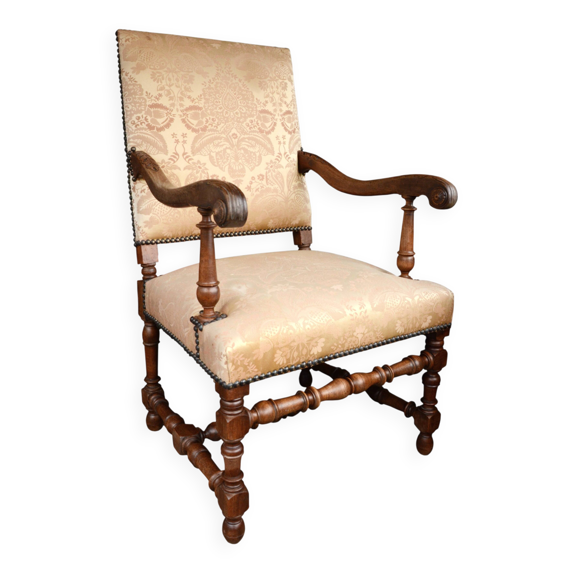 Armchair in the style of Louis XIII, handcrafted, antique.