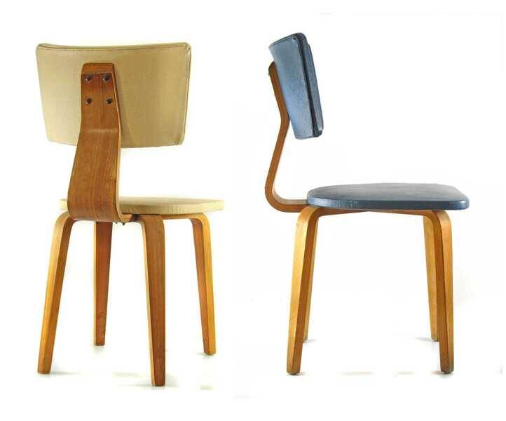 Vintage set of two Cor Alons chairs – bent plywood & blue and cream skai upholstery – 1950s Dutch design