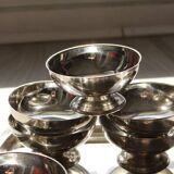 Set of 6 vintage stainless steel ice cream bowls + tray + spoons in inox.