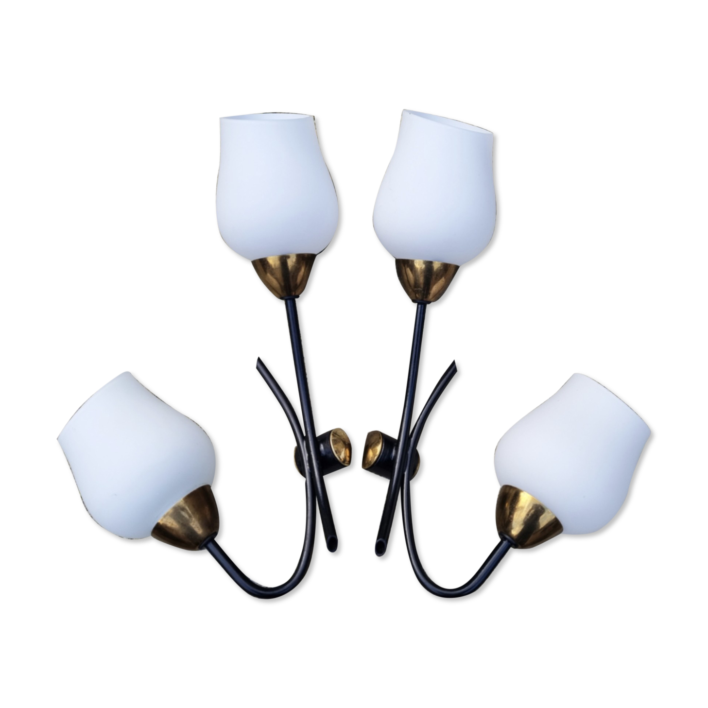 Pair of double brass, steel and opaline wall lamps, vintage, 50s