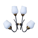 Pair of double brass, steel and opaline wall lamps, vintage, 50s