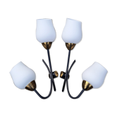 Paire appliques double laiton, acier et opaline, années 50