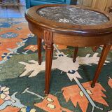 Round oak serving table with marble top