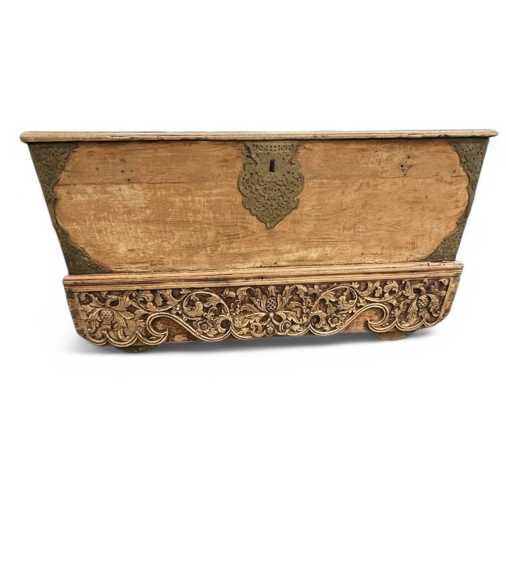 Large antique Asian travel chest made of mango wood.