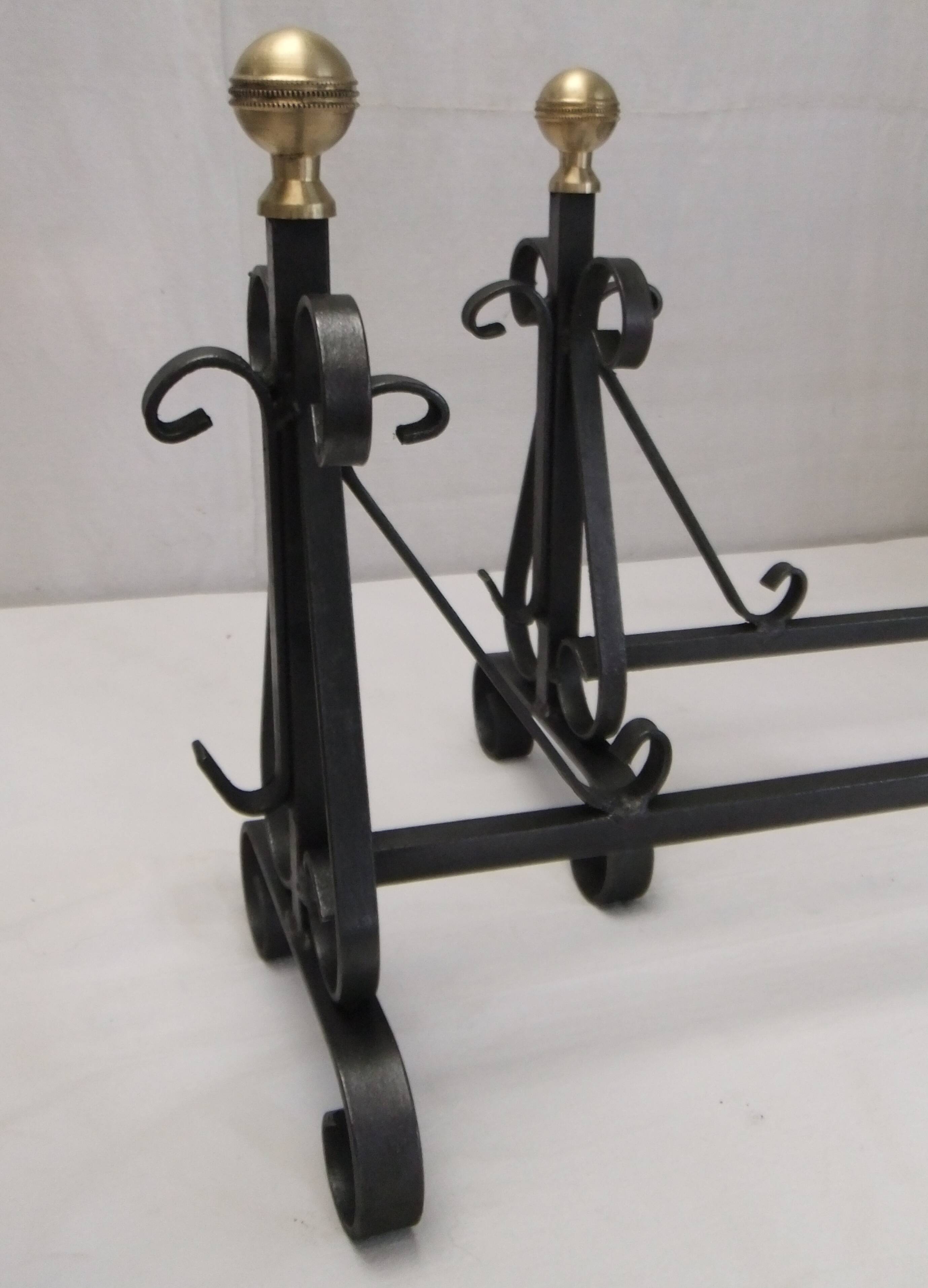 Antique pair of cast iron andirons wrought iron and bronze fireplace accessory