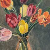Tableau peinture ancienne huile sur panneau bouquet de fleurs tulipes