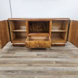 1940s Art Decò dressing table in blond walnut with sliding glass