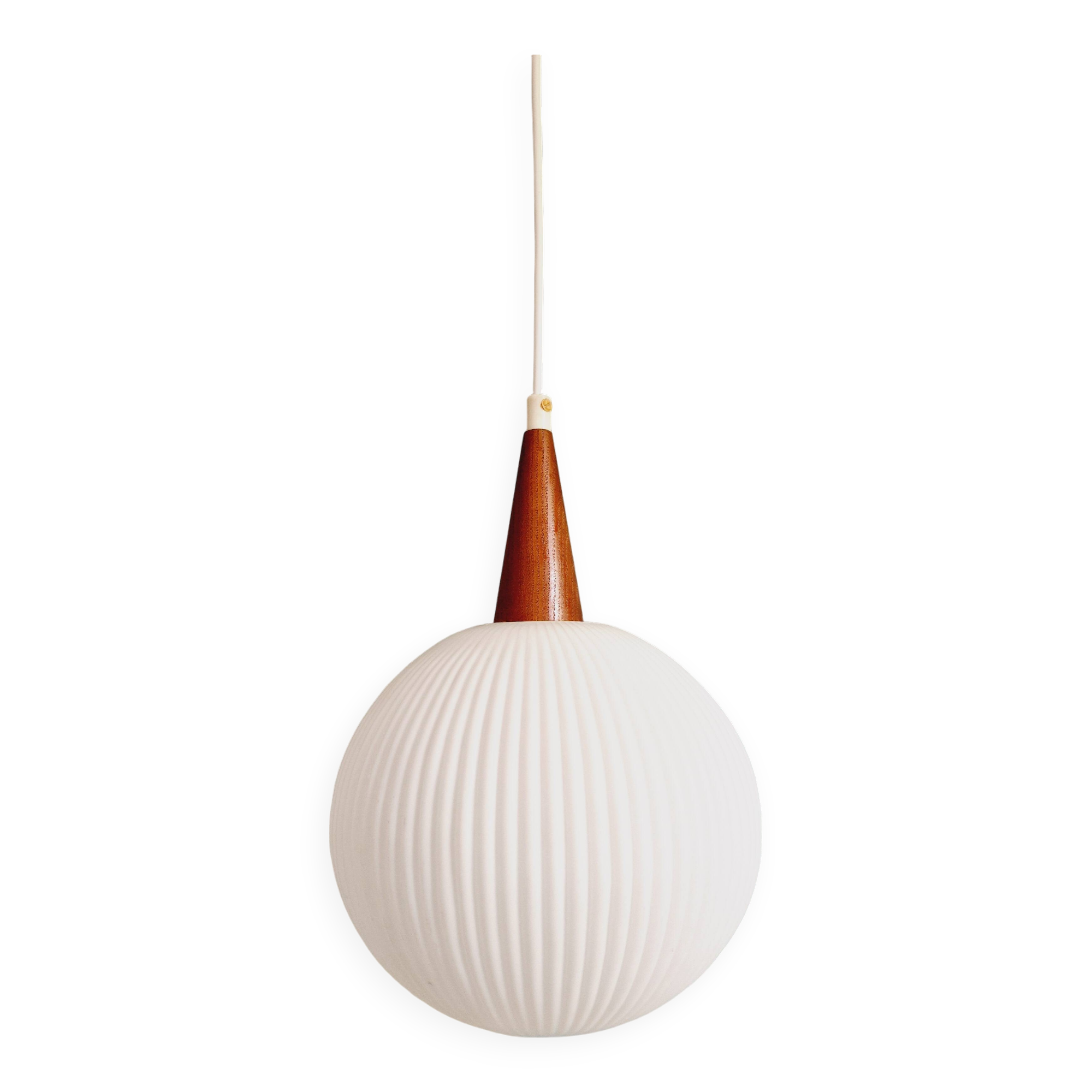 Scandinavian teak and white satin glass pendant light, 1960s