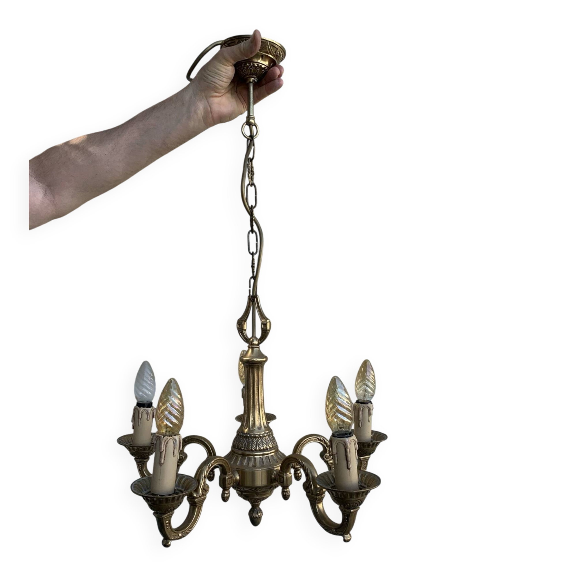 Elegant antique bronze chandelier with 5 light arms, in Louis XV style.