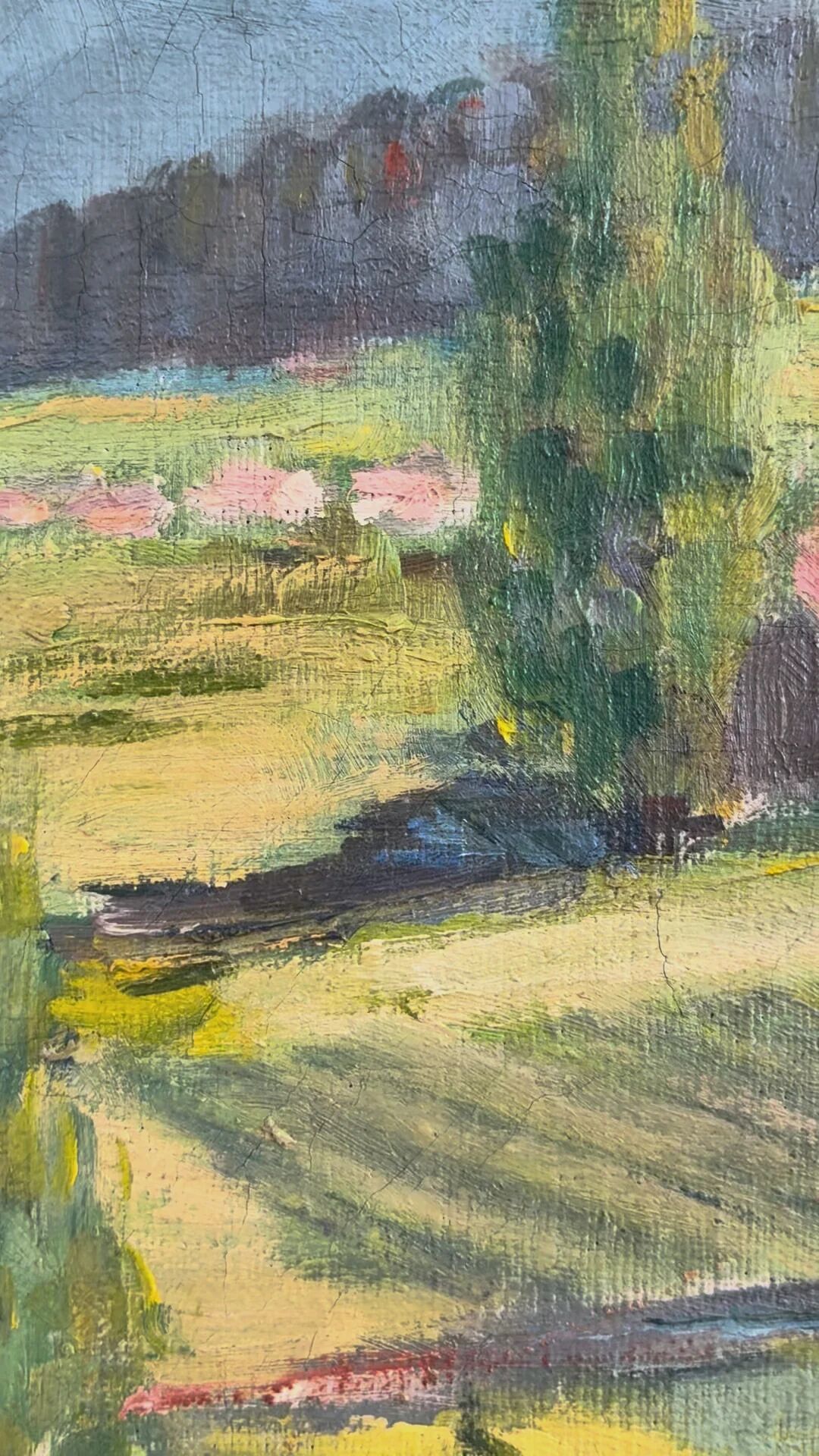 Peinture à l'huile vintage originale de paysage, art de la campagne