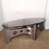 Vintage design coffee table in brushed aluminum and glass top.