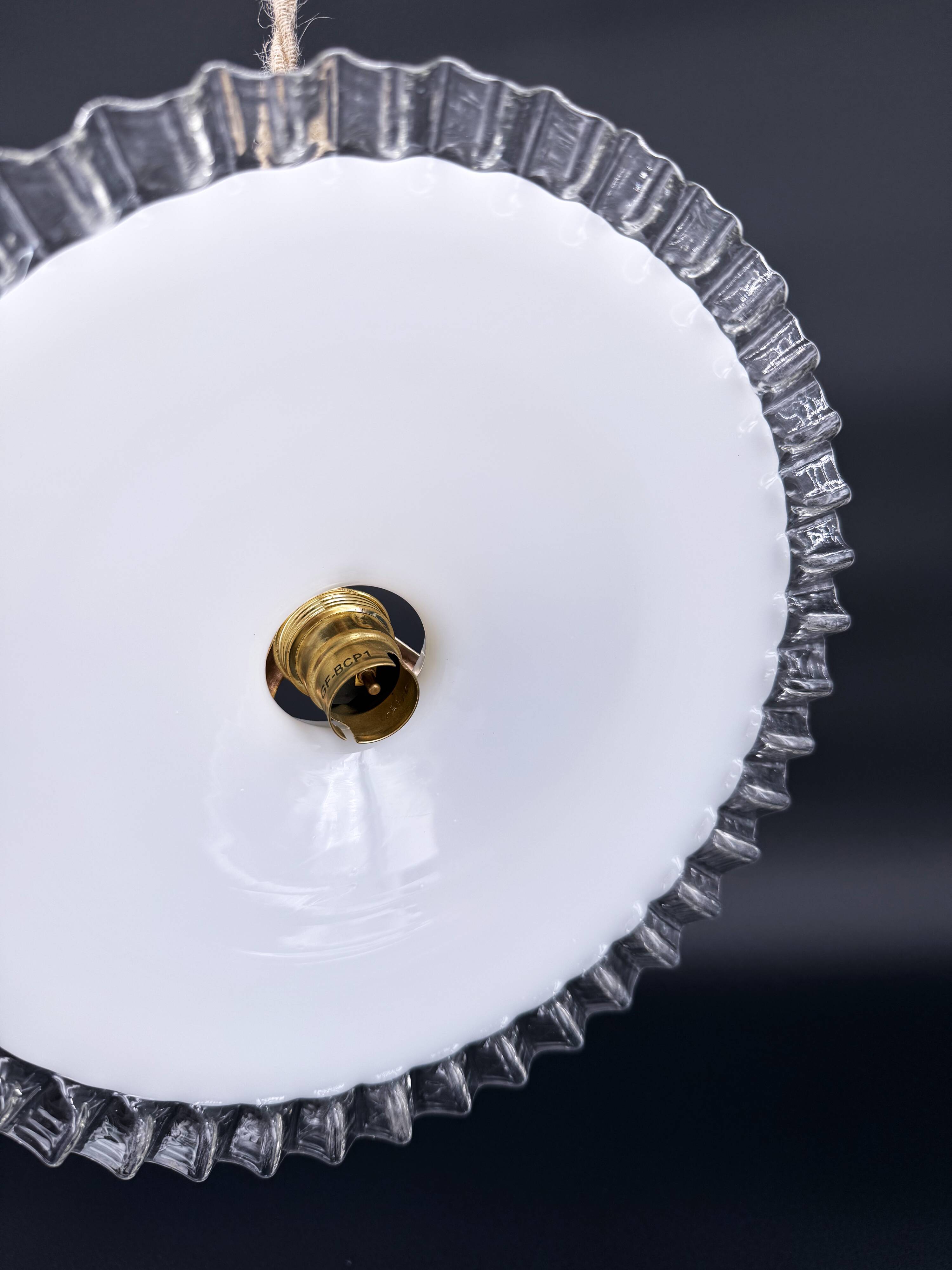 Vintage white opaline pendant light with scalloped edge – raffia and silk cable