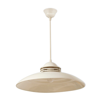 White, single-point, metal pendant lamp, Scandinavian style, Poland, 1970s